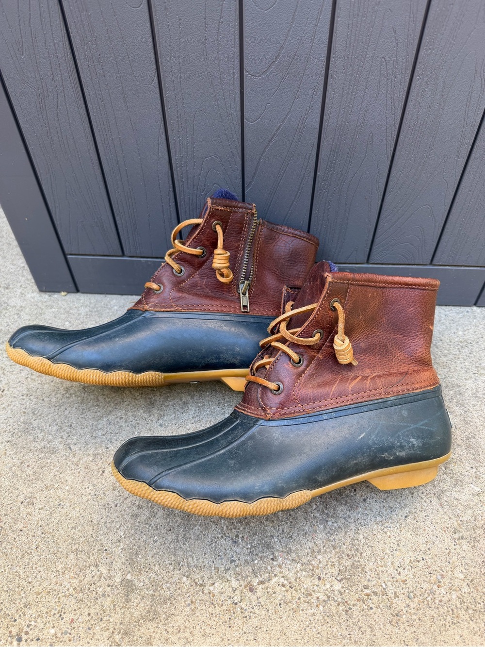 Sperry Saltwater Waterproof Duck Boots Brown Navy Blue Leather Size 8M